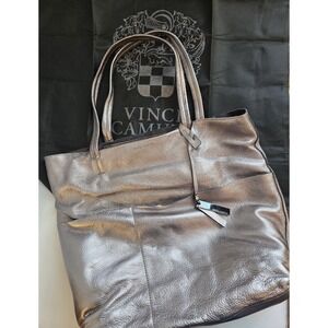 Vince‎ Camuto Silver Metallic Leather Risa Tote Bag WT $248 Metal Gray